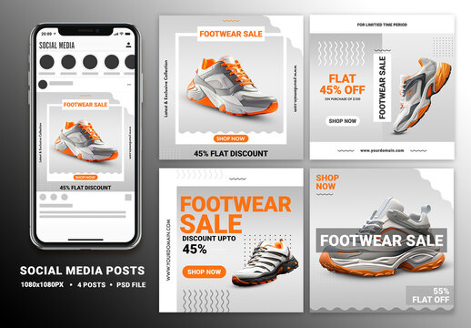 Footwear Sale Social Media Square Posts Set with Smartphone Mockup for Advertisement.