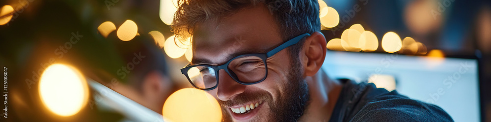 Aufkleber smiling man with glasses in front of a computer screen at night