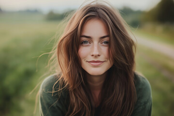 Naklejka premium Natural Outdoor Portrait of Young Woman with Windswept Hair and Relaxed Smile in Scenic Countryside Setting 