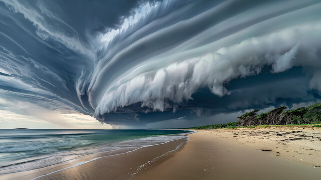 Dramatic storm shelf clouds arcus over the sea.