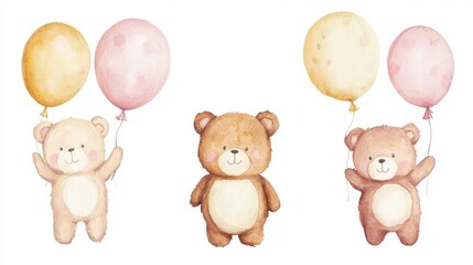 Obraz premium 37.Watercolor Illustration Set of Baby Teddy Bears and Balloons