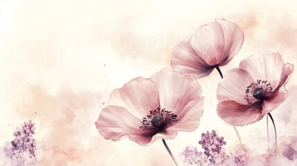 10.A light and airy watercolor illustration of blooming flowers, such as poppies and lilacs, on a plain, neutral background. The petals are painted with fluid brushstrokes, giving the flowers an