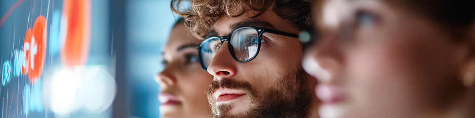 Three Professionals Viewing Data on Digital Display