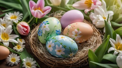 Fototapeta premium Cozy arrangement of pastel Easter eggs in a nest surrounded by fresh flowers, celebrating festive season
