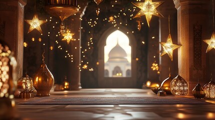 Fototapeta premium Serene and Spiritual Ramadan Backdrop featuring Soft Glowing Lights Ornate Traditional a Cozy Atmospheric Ambiance