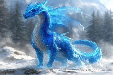 Icy Blue Dragon In Snowy Forest Landscape