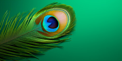 Obraz premium Peacock feather on green background