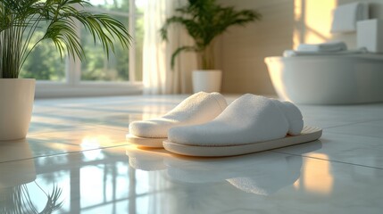 White Slippers On Marble Bathroom Floor Sunlight