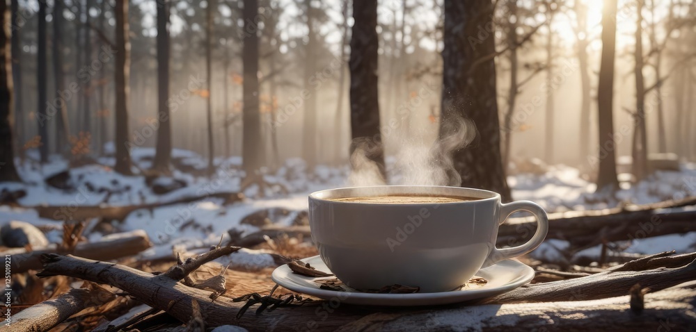 Canvas Prints a steaming cup of coffee in front of a winter forest with a few fallen branches under the warmth of 