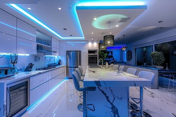 A sleek futuristic kitchen with blue LED lights, a holographic cooking display, and a smart assistant.
