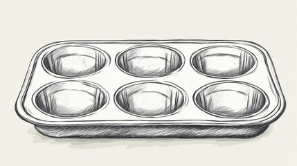 Sketch of a Six-Cup Muffin Tray on a Light Background for Baking and Culinary Illustrations