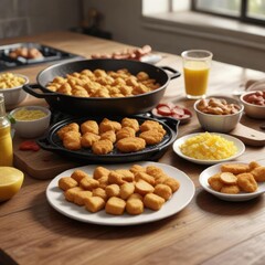 A steaming hot plate of chicken nuggets on a kitchen table with scattered breakfast items like scrambled eggs and sausage, crispy, juicy, plate
