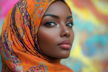 Portrait of confident young muslim woman wearing orange hijab in front of colorful background