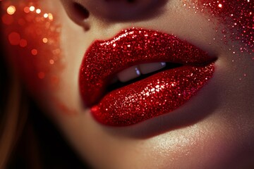 Woman showing red glittering lips and sparkling makeup