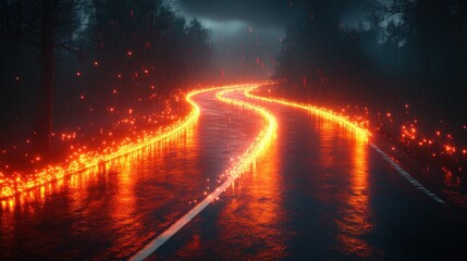Fiery road, rain, forest, night, magic, fantasy, game