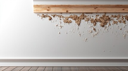 A section of a wall with peeling paint and exposed material, showcasing a wooden trim and a textured surface in a minimalistic interior setting.