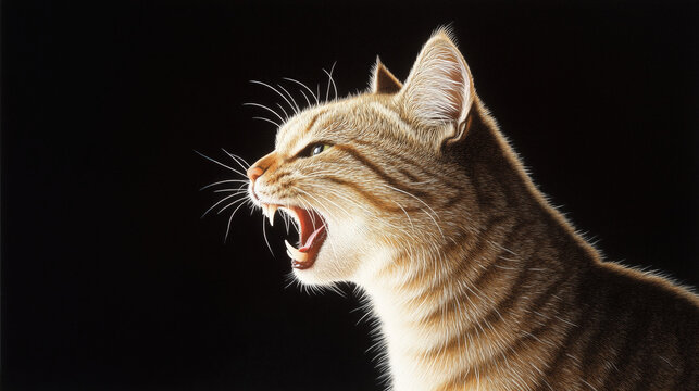 Close up of hissing cat face with vibrant brushwork in dark tones