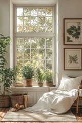 Serene Bedroom Corner With Plants And Sunlight