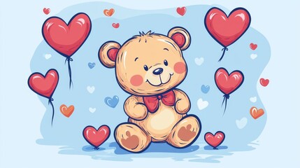 67.Cute Teddy Bear and Red Hearts Vector Illustration, Hand-Drawn Cute Print Design for Kids