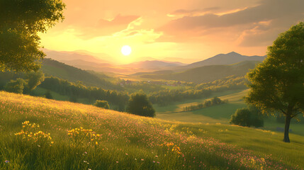 Obraz premium Serene Sunset over Rolling Hills and Wildflower Meadow
