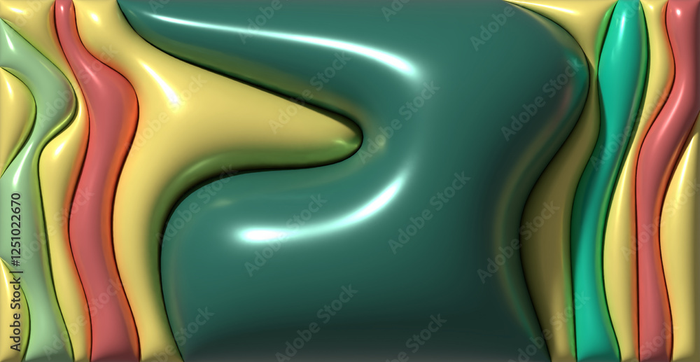 Poster various multi-colored wavy shapes with shiny smooth surface, 3d rendering illustration