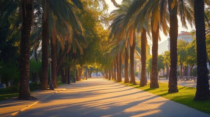 Sunlit palm tree-lined promenade, city background, travel