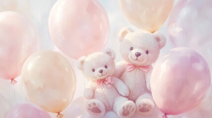 39.A whimsical set of baby teddy bears painted in watercolor, surrounded by light, pastel-colored balloons. The soft, fluid brushstrokes capture the warmth and cuteness of the teddy bears, making the