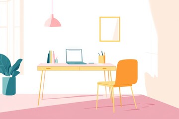 Modern Workspace with Minimalist Desk, Chair, Laptop, and Decorative Plant Accent