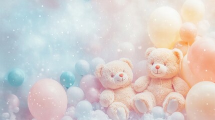 39.A whimsical set of baby teddy bears painted in watercolor, surrounded by light, pastel-colored balloons. The soft, fluid brushstrokes capture the warmth and cuteness of the teddy bears, making the