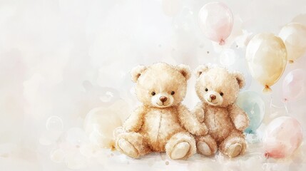39.A whimsical set of baby teddy bears painted in watercolor, surrounded by light, pastel-colored balloons. The soft, fluid brushstrokes capture the warmth and cuteness of the teddy bears, making the