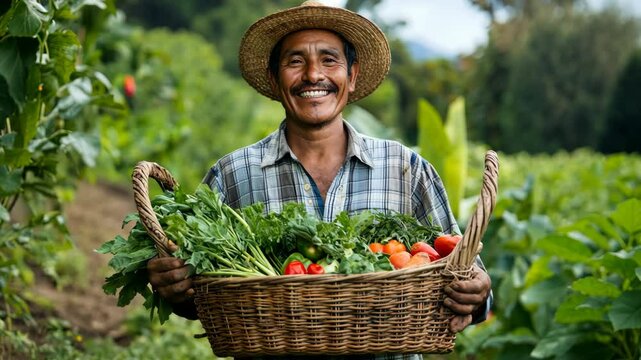 Farmer holding basket filled fresh vegetables. Tomatoes, cucumbers, salad. Rural traditional setting. Man wear straw hat, portrait. Agriculture, ingathering, harvesting. Growing food in the garden.