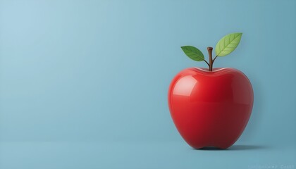 Red Apple with Green Leaf on a Light Blue Background with Empty, Copy Space 