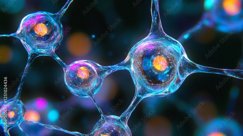 Poster glowing cellular network, an abstract rendering of interconnected neurons with bright centers