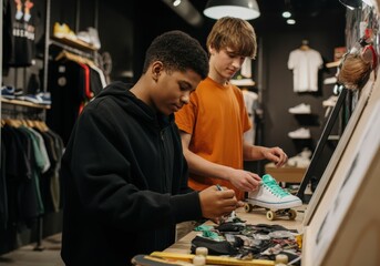 Boys customizing skateboards in a shop