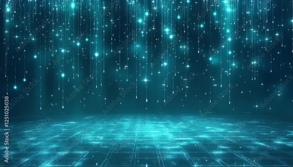Poster abstract flowing data with glowing lights, grid pattern background, digital vector illustration