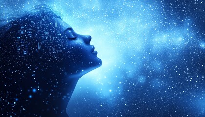 Woman Side View, Circuit-Board Pattern Of Glowing Numeric Data, Blue Technology Concept