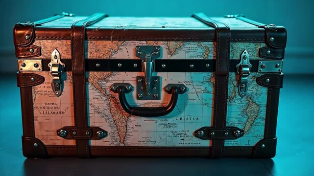 Vintage suitcase with a world map design and stylish hardware