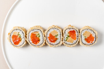 Delicious Sushi Roll Artfully Arranged on a Minimalist Plate Showcasing Vibrant Colors and...