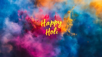 Obraz premium Vibrant Holi Festival with Colorful Powder Explosion and Happy Typography