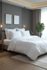 Fototapeta premium Modern bedroom featuring a white duvet and gray accents