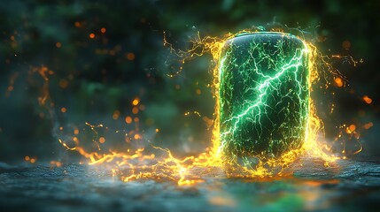 Sustainable energy battery with a pulsating green glow and a detailed lightning effect