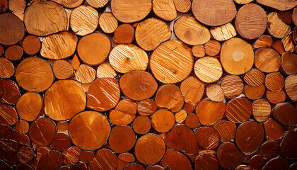 Eine Wand aus hellen und dunklen Holzpaneelen, kombiniert, Holzscheiben, Pressholzplatten und...