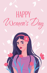 Vector holiday banner postcard 8 march, girl in flowers International Women's Day. Feminism concept, women empowerment, gender equality. Use for women's projects