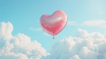 Fototapeta premium Pink Heart Shaped Balloon Floating Among Fluffy White Clouds in a Bright Blue Sky