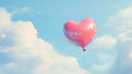 Fototapeta premium Pink Heart Shaped Balloon Floating in a Blue Sky with Clouds