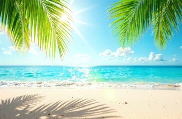 Fototapeta premium Tropical background palm leaves, seashore, golden sand beach, bright sunny sky