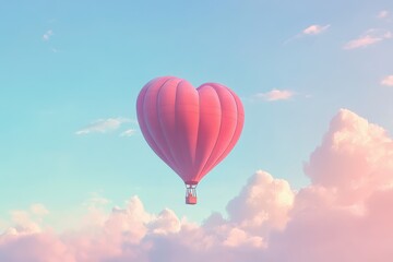 Fototapeta premium Pink Heart Shaped Hot Air Balloon Floating Among Pastel Clouds