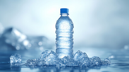A plastic bottle with cold natural drinking water stands on an ice podium against a background of transparent blocks of ice. Advertising and branding of drinking fresh water