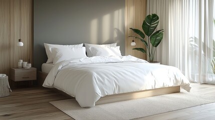 Minimalist Bedroom Design Featuring White Bedding and Wood Accents