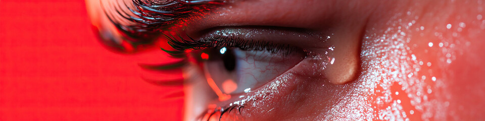 Fototapeta premium Close-up of a Woman's Eye with Tear and Glitter Makeup